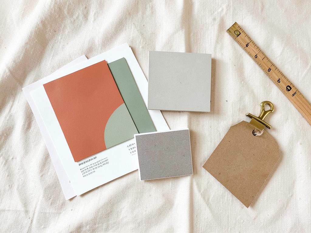 Paint swatch cards in terracotta and sage with tile samples and a tape measure on cream linen