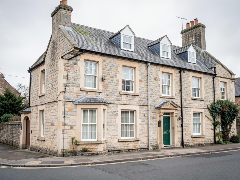 A handsome stone period terrace house with sash windows and a slate roof on a quiet street