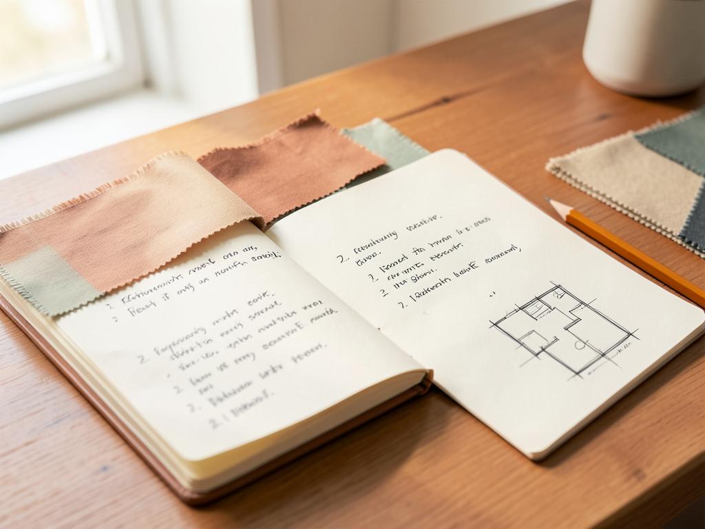 An open notebook with renovation notes, fabric swatches and a hand-drawn floor plan on a wooden desk