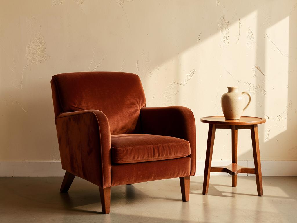 A vintage rust velvet armchair beside a wooden side table with a ceramic vase in warm morning light