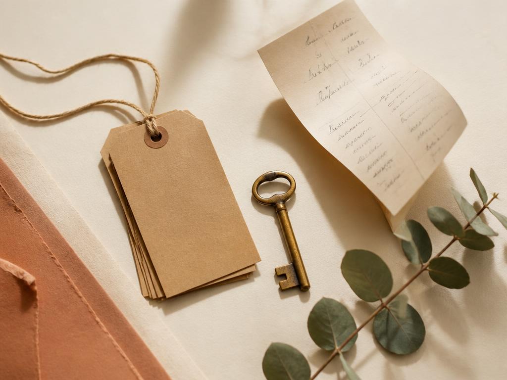 Kraft price tags, a brass key and a curled handwritten receipt on cream paper with eucalyptus