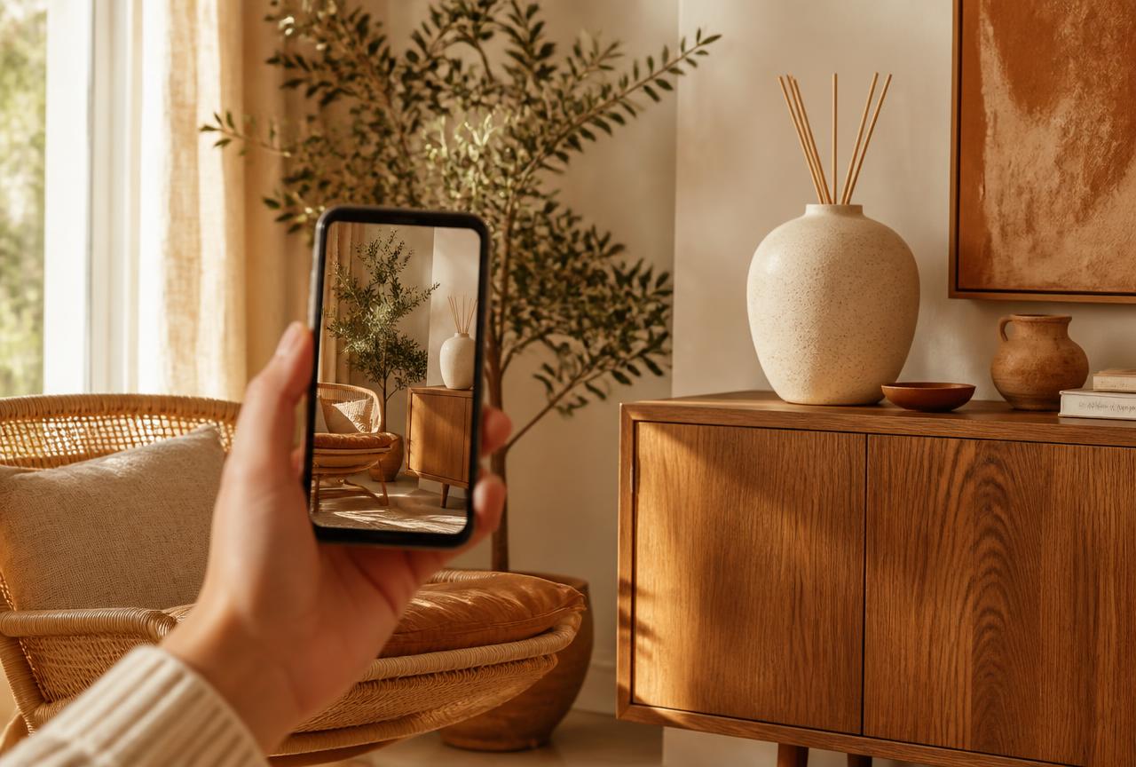 A hand holding a phone up to a sunlit living room corner with a rattan chair, oak sideboard and a large ceramic diffuser