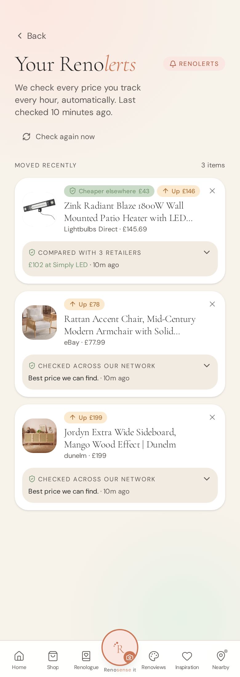 Renolerts showing tracked price movements